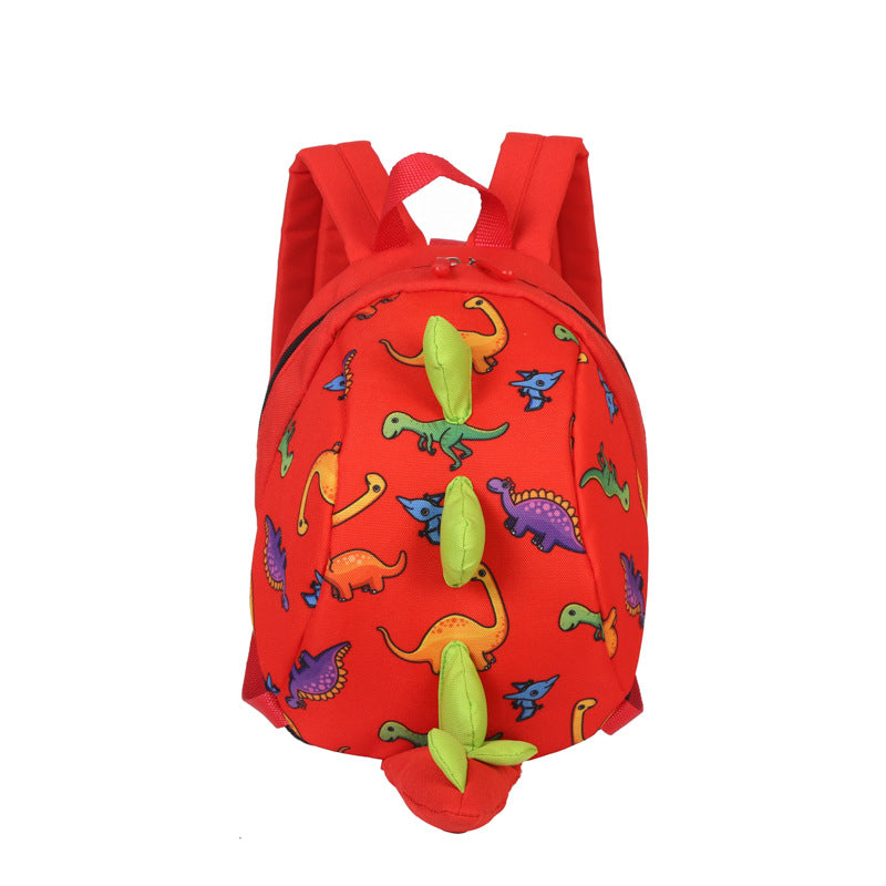 Red toddler backpack with colorful dinosaur print