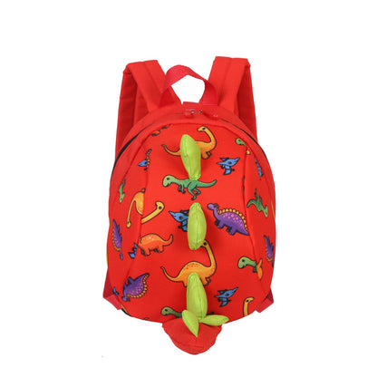 Red toddler backpack with colorful dinosaur print