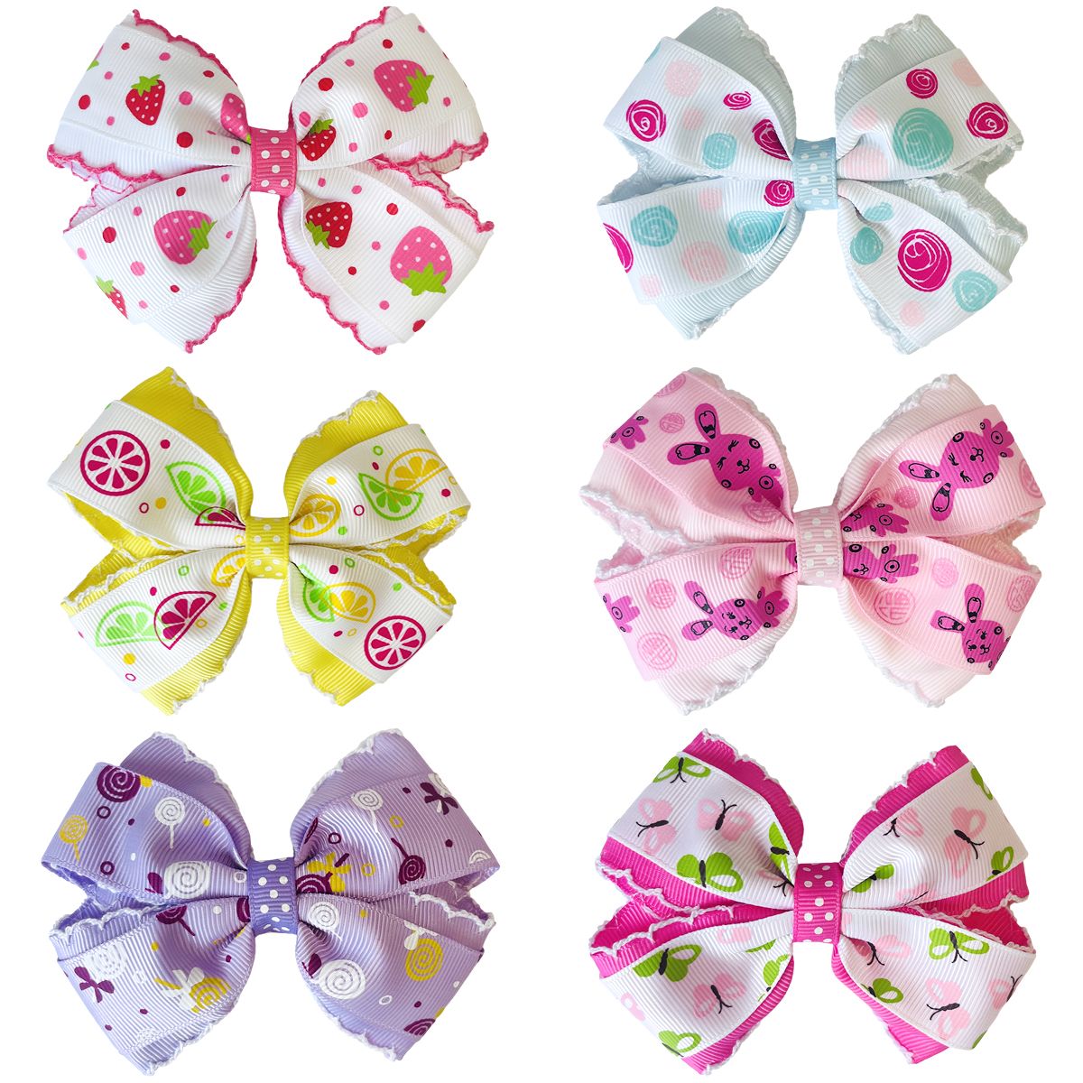 Six patterned bow hair clips arranged in three rows