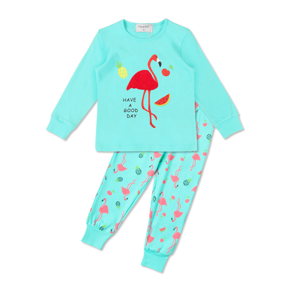 Turquoise kids pajama top and pants with flamingo print