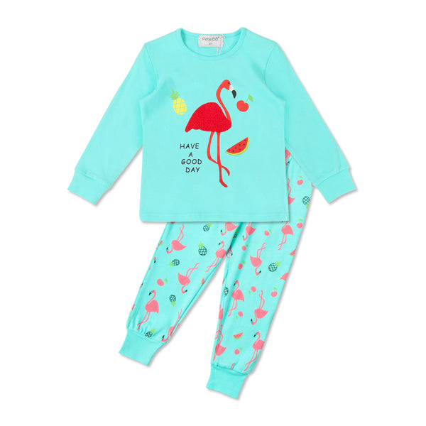 Turquoise kids pajama top and pants with flamingo print