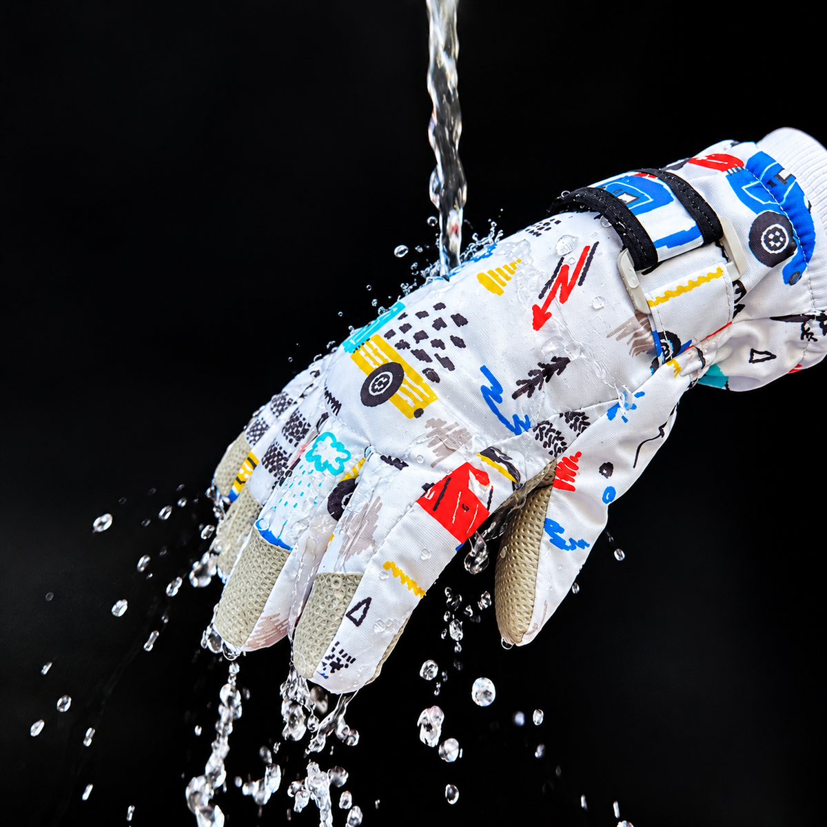 Water splashing onto a printed kids winter glove