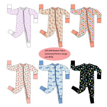 Zip-up baby sleepers displayed in six different prints